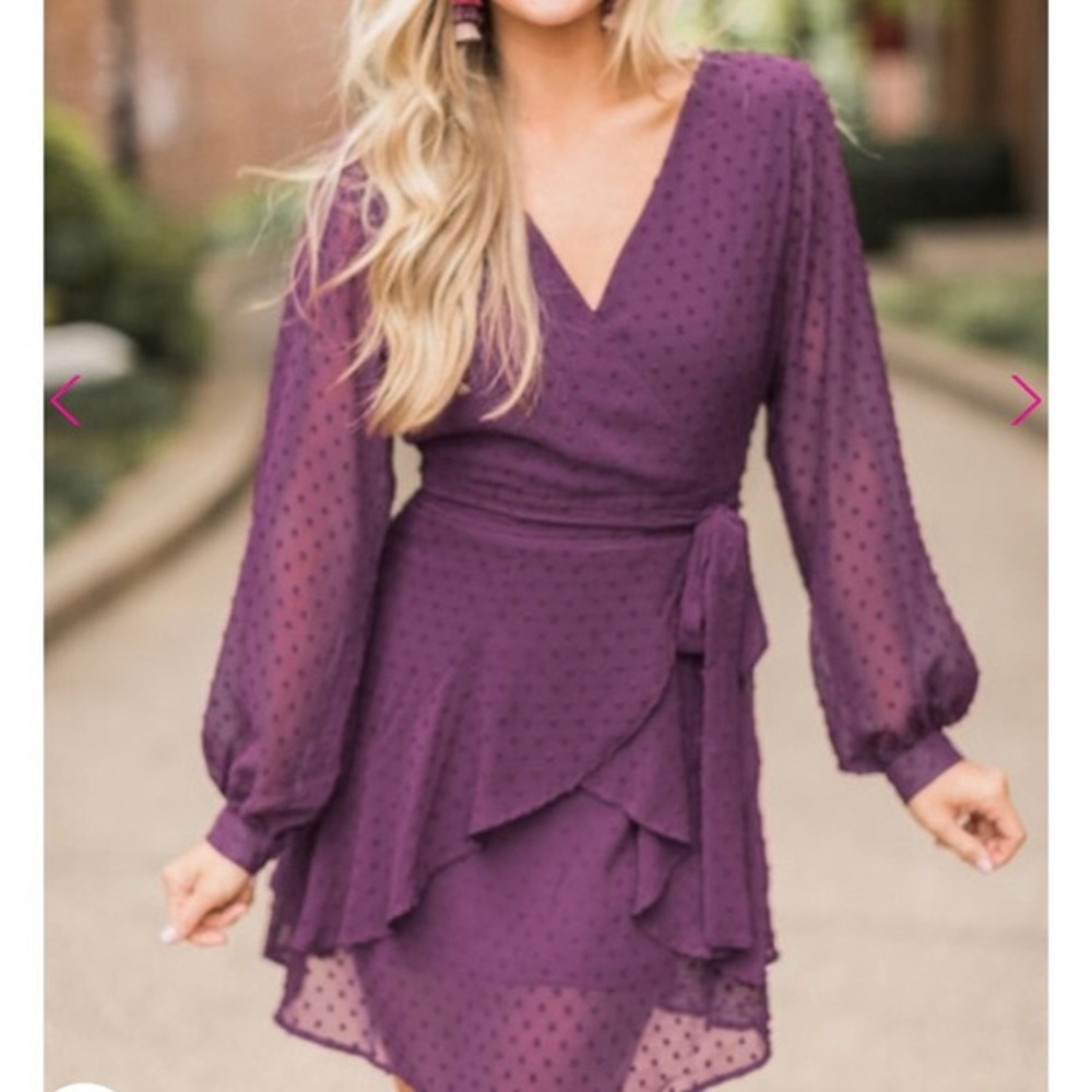 Pink Lily Faux-Wrap Ruffle Swiss Dot Dress